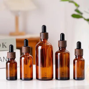 玻璃茶色精油瓶滴管瓶深色木纹圈分装瓶精华瓶小样瓶旅行分装空瓶