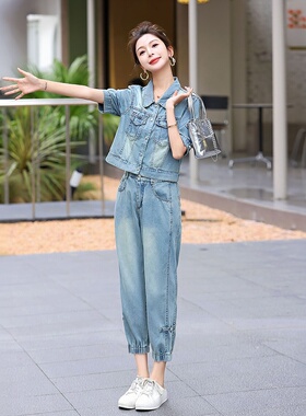 时尚牛仔套装女夏2025新款复古小个子设计感减龄气质短裤两件套潮