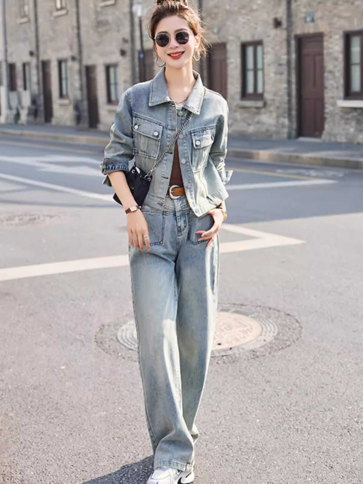 欧货牛仔套装女春秋2024新款时尚洋气短外套减龄休闲阔腿裤两件套,女装/女士精品,时尚套装,淘宝优惠券,粉丝福利购,淘宝优惠卷