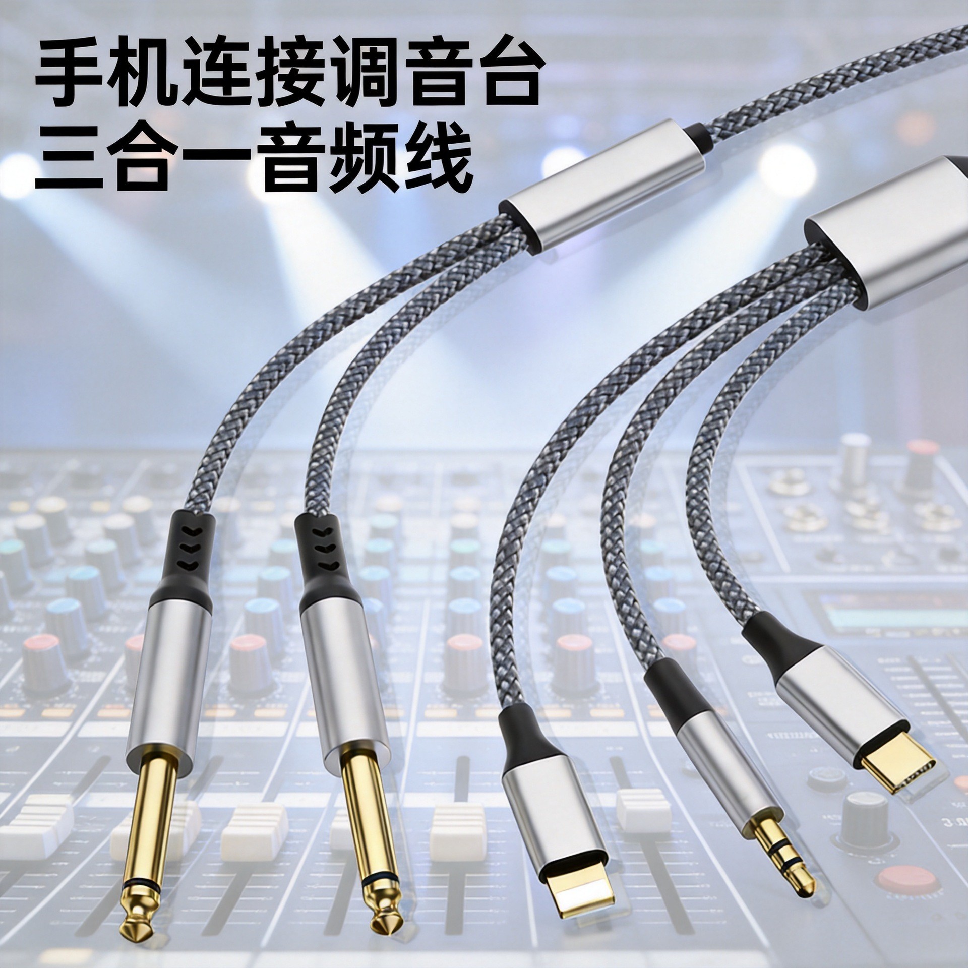 三合一转双6.5兼容苹果Type-C手机电脑连接调音台LINE接口音频线