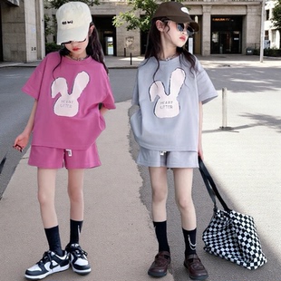 短褲 2025新款 女童夏甜酷運(yùn)動服套裝 兒童純棉短袖 兔耳朵洋氣兩件套