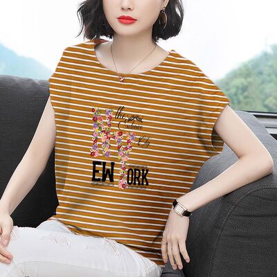 纯棉条纹夏季蝙蝠袖妈妈女装t恤2024新款女上衣中青年女宽松休闲
