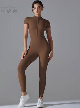 欧美拉链短袖高弹紧身连体瑜伽服