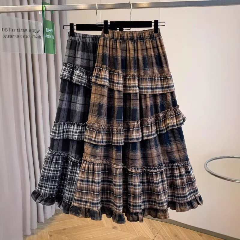 荷叶边撞色格子高腰A字蛋糕裙女