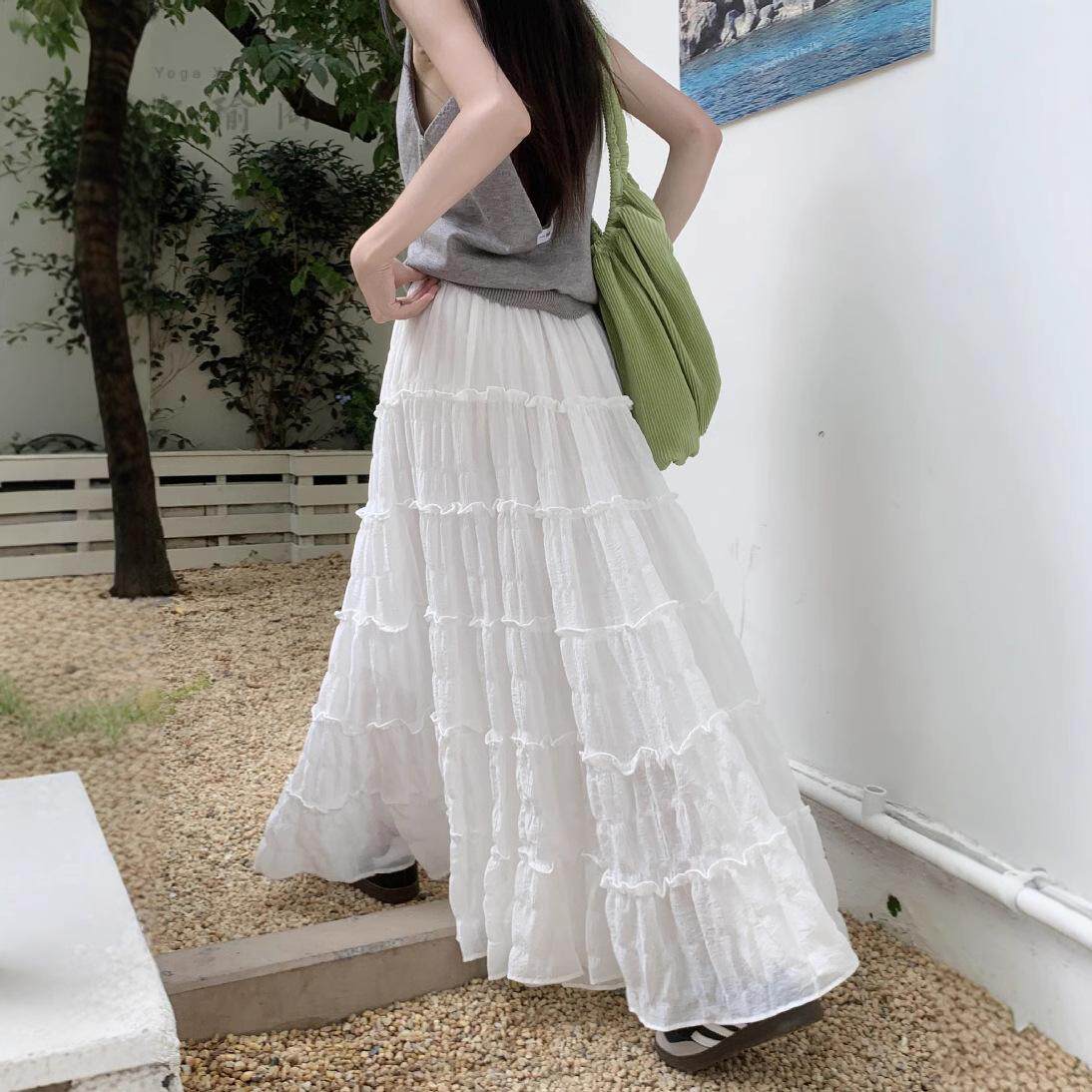 法式慵懒感白色蛋糕裙白色a字裙半身裙女夏季新款百搭薄款中长裙