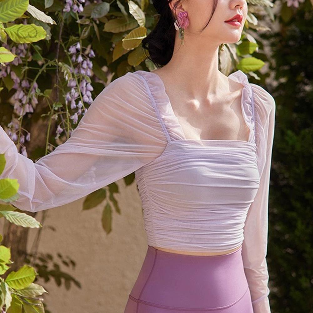 春上新长袖网纱瑜伽服女带胸垫