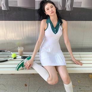 白色女运动网球裙连衣裙跑步速干羽毛球裙子防走光百褶裙套装新款