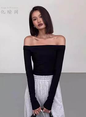 一字肩露脐短款长袖高腰超短装女
