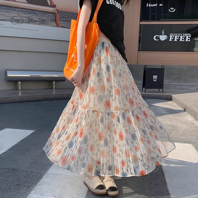 气质碎花网纱拼接高腰显瘦A字女