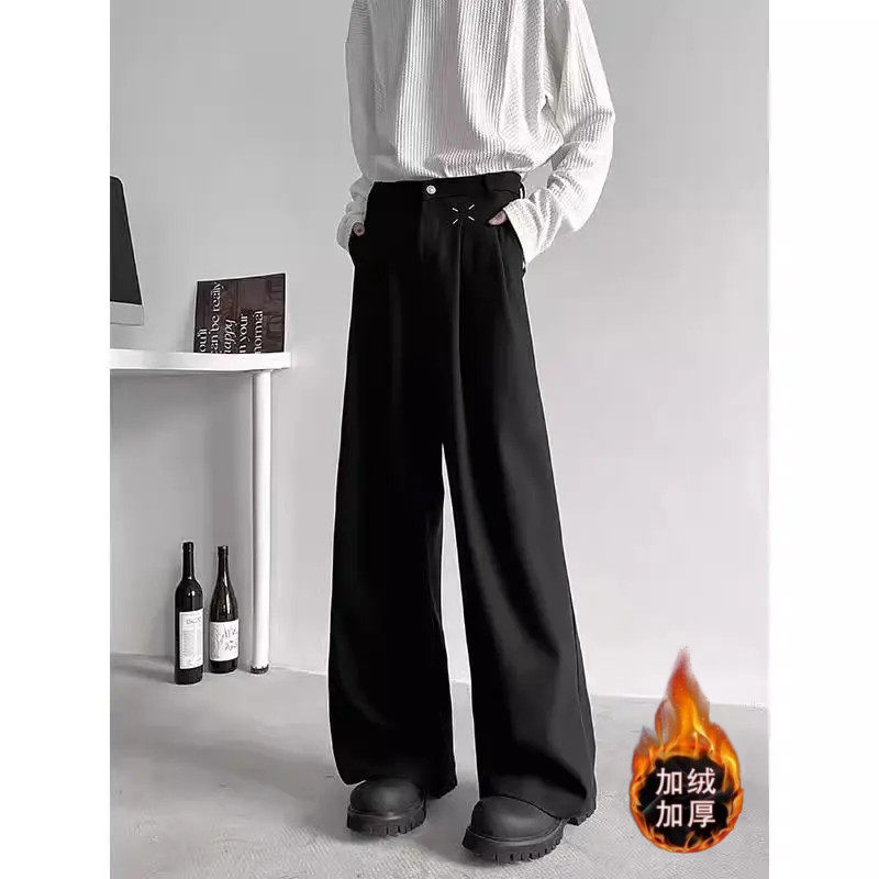 黑色cleanfit休闲西裤男秋冬季加绒加厚百搭垂坠感宽松直筒裤子