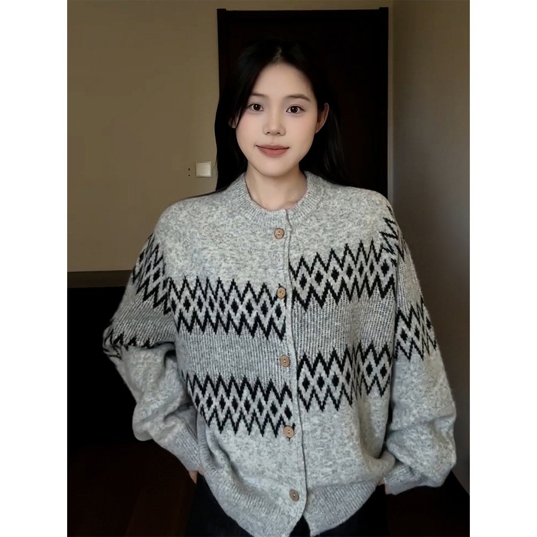 费尔岛错位提花毛衣男女秋冬季圆领针织衫宽松慵懒风软糯开衫外套