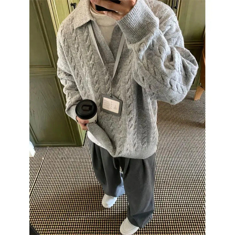 假两件V领费尔岛毛衣男款冬季美式复古打底衫灰色麻花针织衫上衣