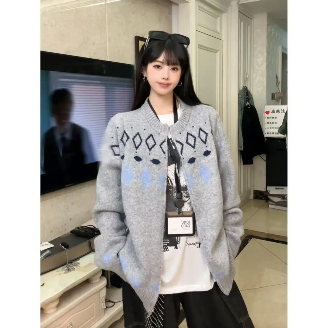 秋冬季北欧风费尔岛毛衣开衫外套男女慵懒风高级感提花针织衫上衣