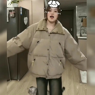 美式复古翻领oversize卡其色棉服女冬季加厚棉衣外套高级感面包服