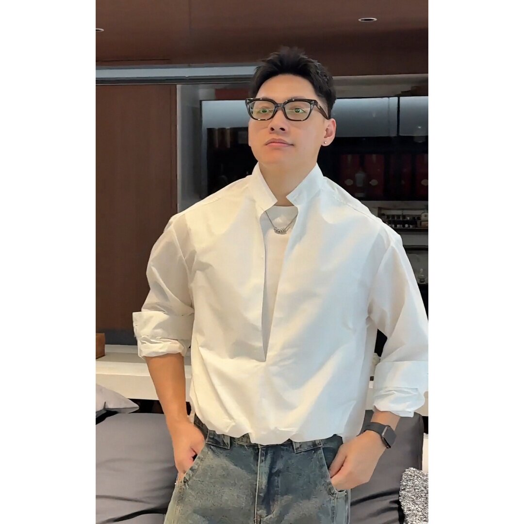 白色假两件立领长袖衬衫男高级感痞帅衬衣发型师男模穿搭小众外套