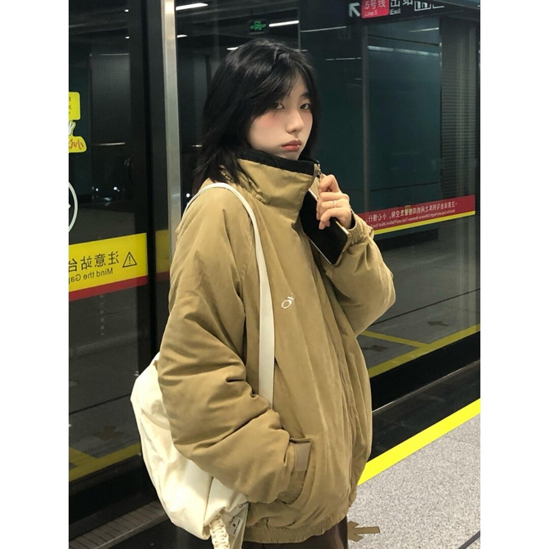 慵懒风撞色翻领棉服男女秋冬季复古立领刺绣加厚保暖夹棉外套棉衣