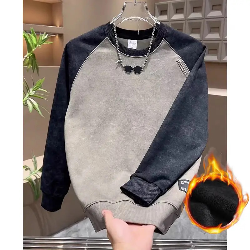 韩版圆领男士卫衣撞色拼接设计感休闲衣服青年扎染加绒上衣成熟风