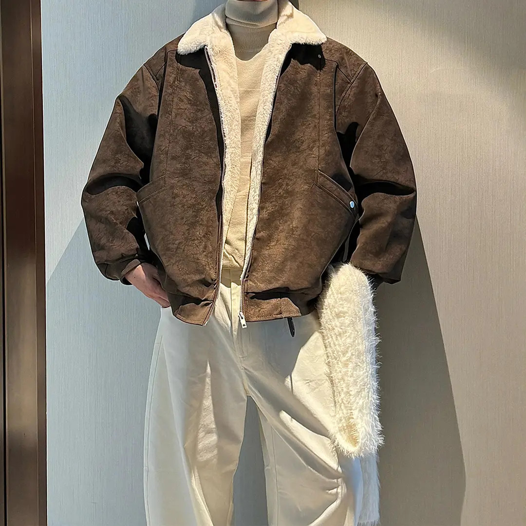 冬季美拉德羊羔毛PU皮棉服外套男潮牌加绒加厚工装机车服保暖棉衣