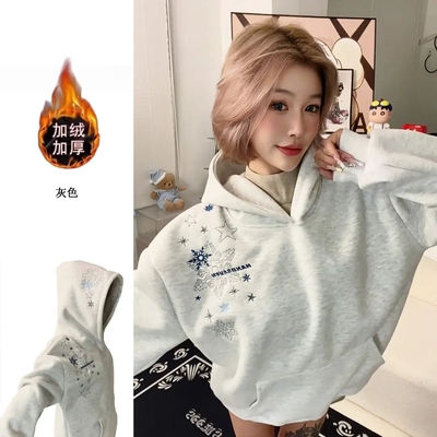 秋冬加绒美式雪花刺绣连帽卫衣男女宽松百搭休闲ins潮流帽衫上衣