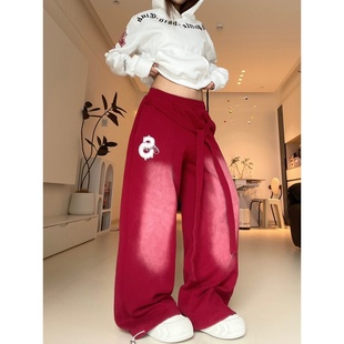 爵士舞绑带做旧水洗美式卫裤女秋季红色宽松阔腿hiphop爵士舞裤子