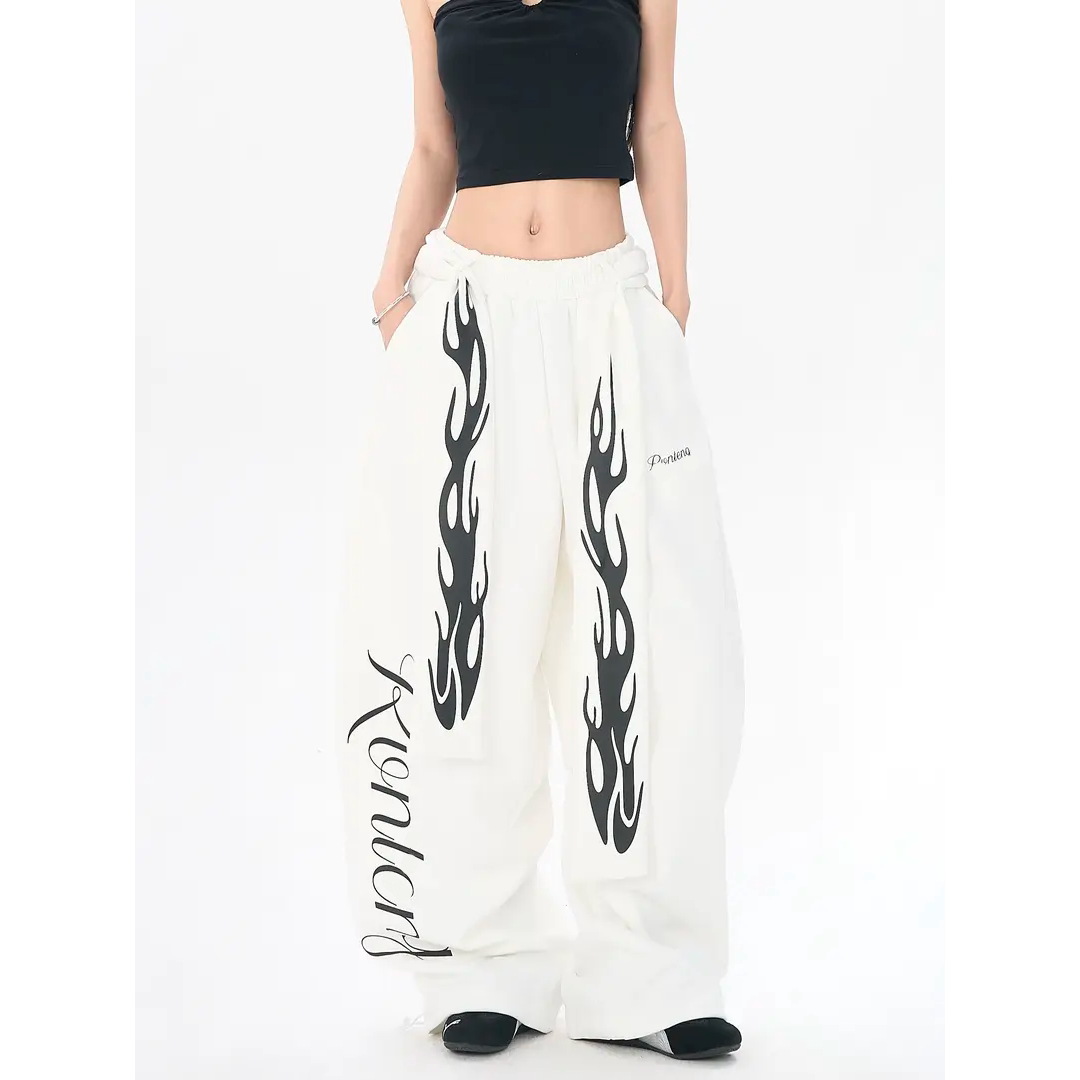 美式复古火焰飘带字母白色弯刀卫裤女街头情侣百搭休闲街舞阔腿裤