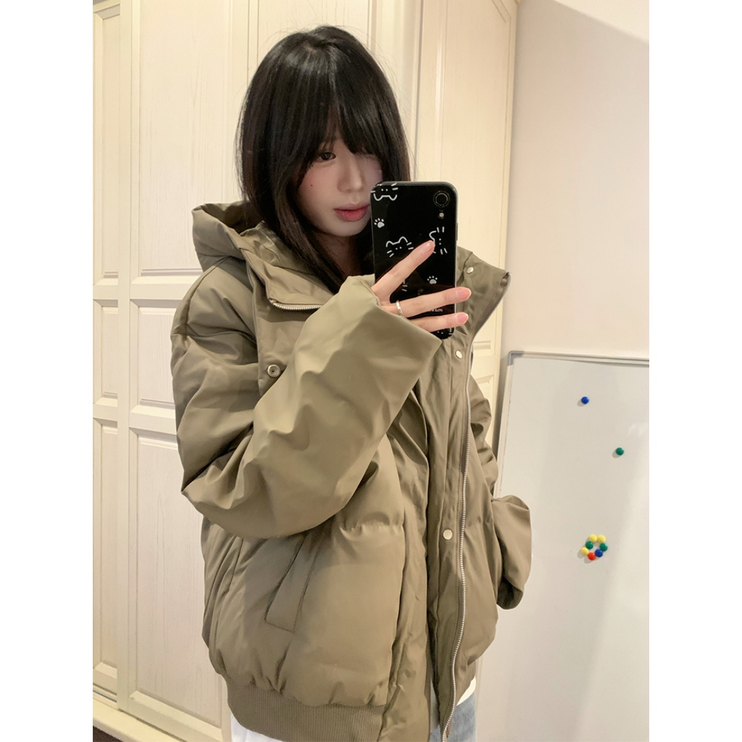 美式短款pu皮连帽棉服男款冬季加厚保暖立领面包服高级感棉衣外套