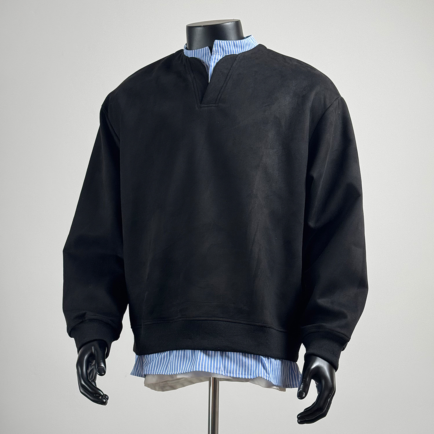 日系拼接假两件工装卫衣男秋季新款V领拼接衬衣简约百搭男士外套