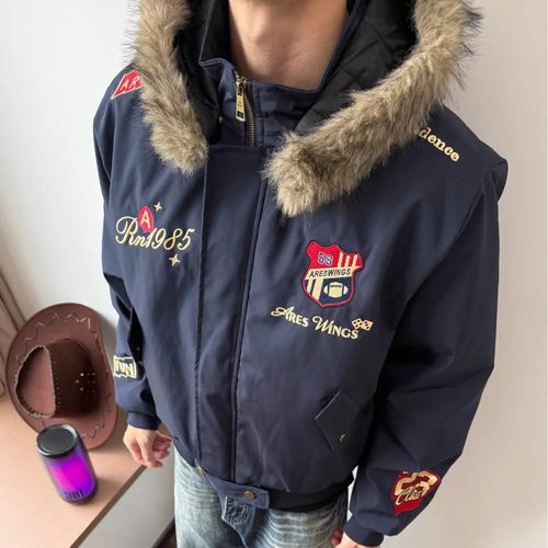 冬季三防小牛津复合重工刺绣徽章座山雕棉服帽子可拆卸大毛领棉衣