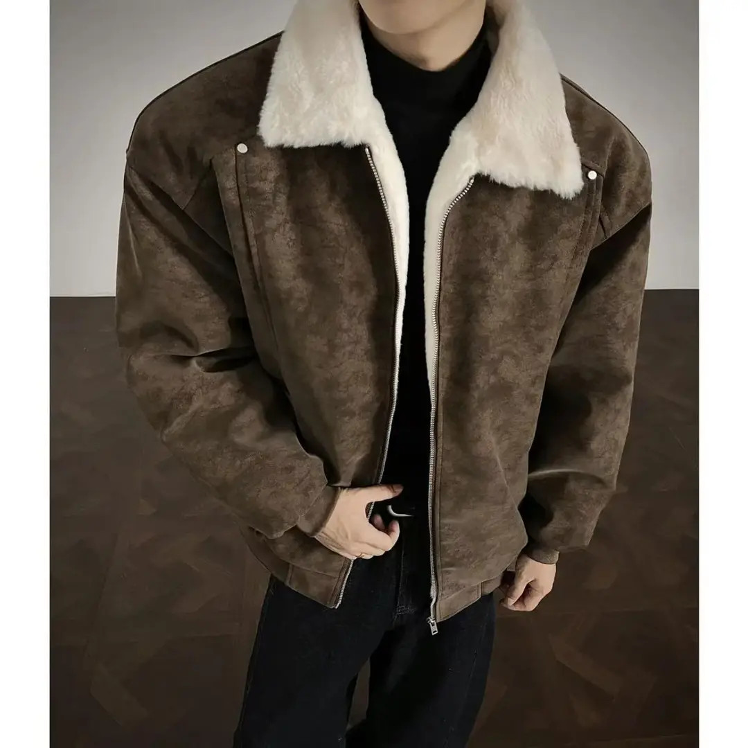 秋冬季穿搭翻领羊羔绒外套男款PU皮加厚保暖棉衣美式工装棉服夹克