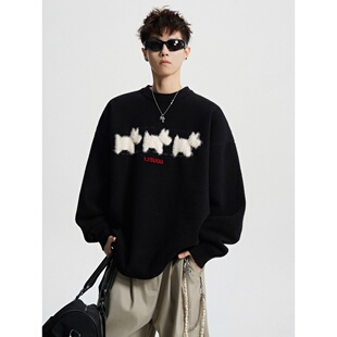 美式小狗植绒圆领毛衣男女冬季新款潮牌宽松慵懒风情侣针织衫上衣