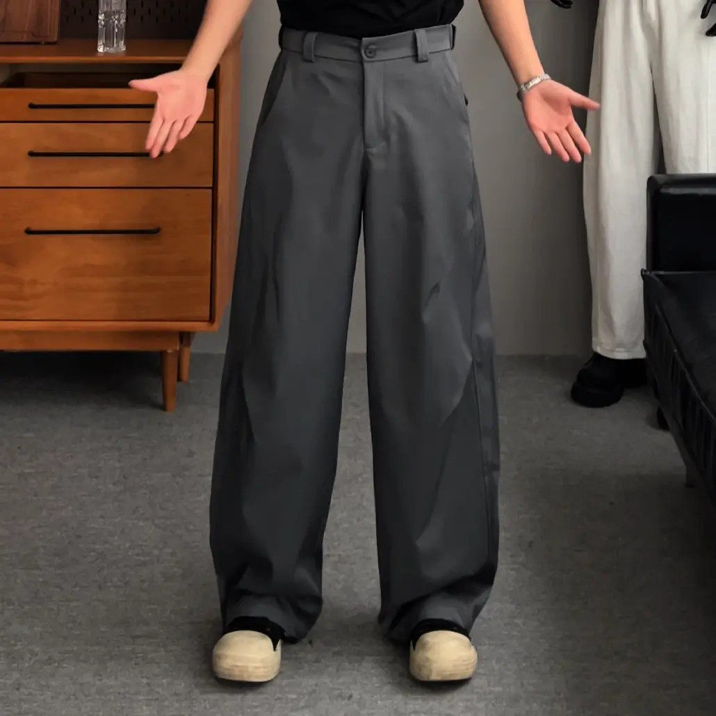 裤子男春秋新款中性风重磅复合弯刀褶皱半松紧腰百搭阔腿西裤