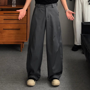 裤子男春秋新款中性风重磅复合弯刀褶皱半松紧腰百搭阔腿西裤