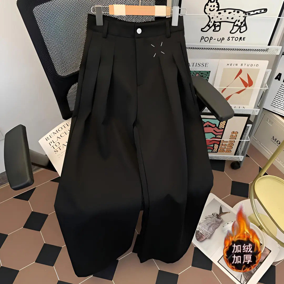 高街西裤男秋冬季加绒加厚潮牌cleanfit高级感宽松阔腿裤拖地裤