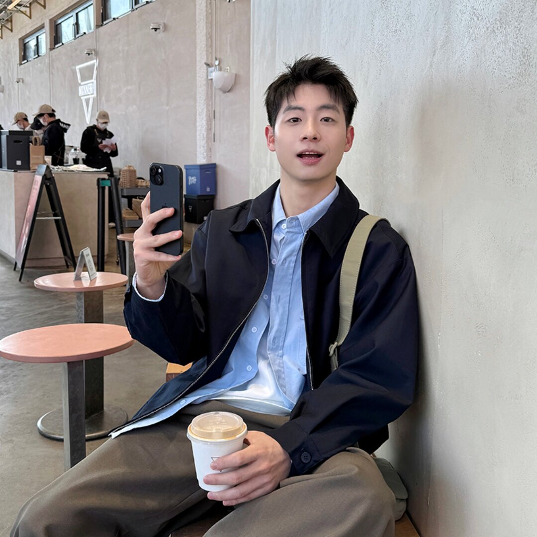 秋冬季藏青简约工装百搭翻领夹克男款宽松百搭休闲纯色外套上衣潮