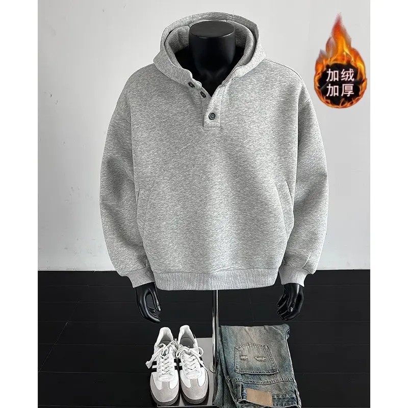 秋冬季加绒加厚重磅短款卫衣男女同款美式宽松纽扣硬挺连帽衫上衣