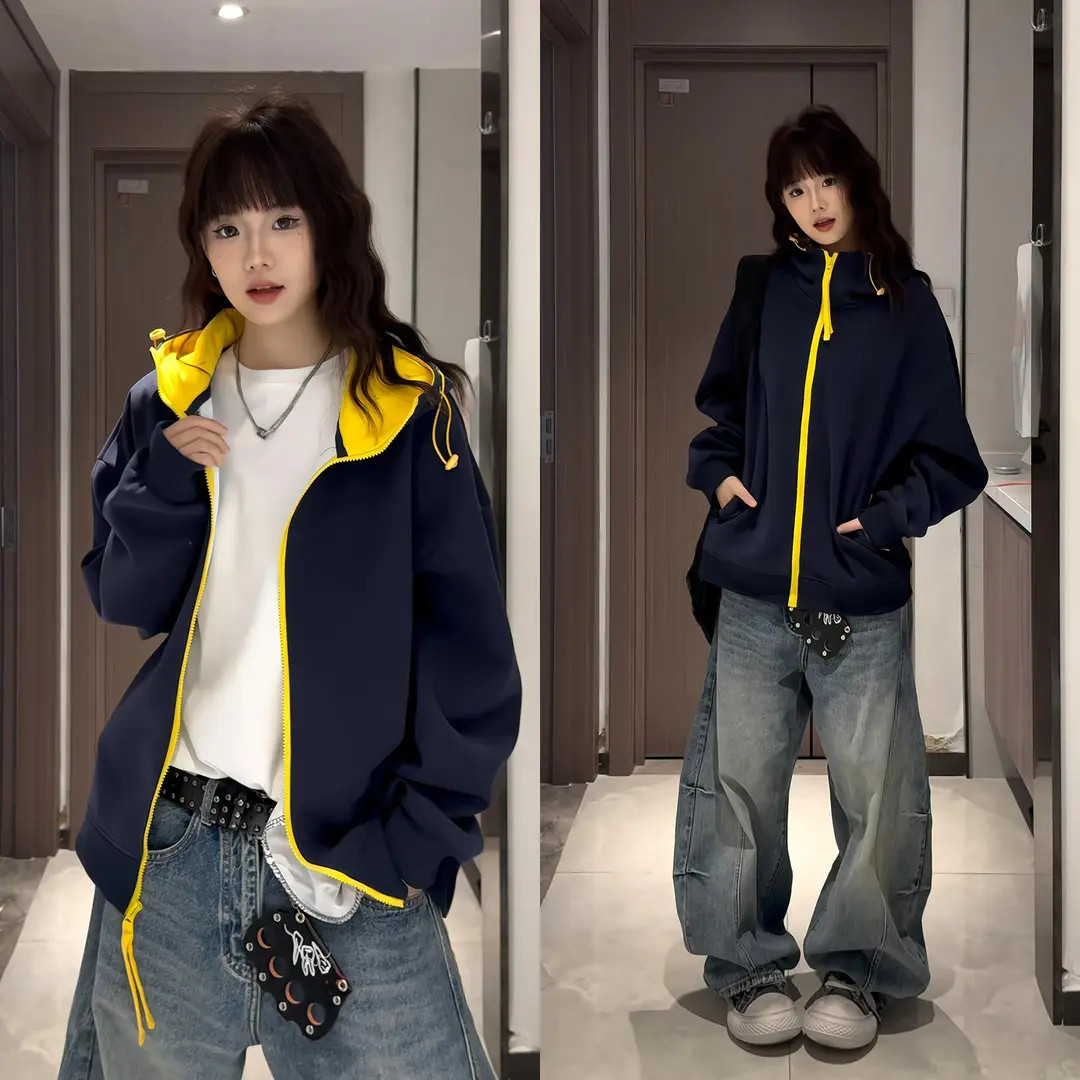 美式cleanfit连帽开衫卫衣男秋季潮牌设计感撞色拼接外套情侣上衣