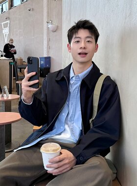 秋冬季藏青简约工装百搭翻领夹克男款宽松百搭休闲纯色外套上衣潮