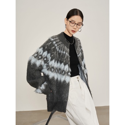 灰色复古提花费尔岛毛衣开衫男女软糯高级感针织衫外套秋冬季新款