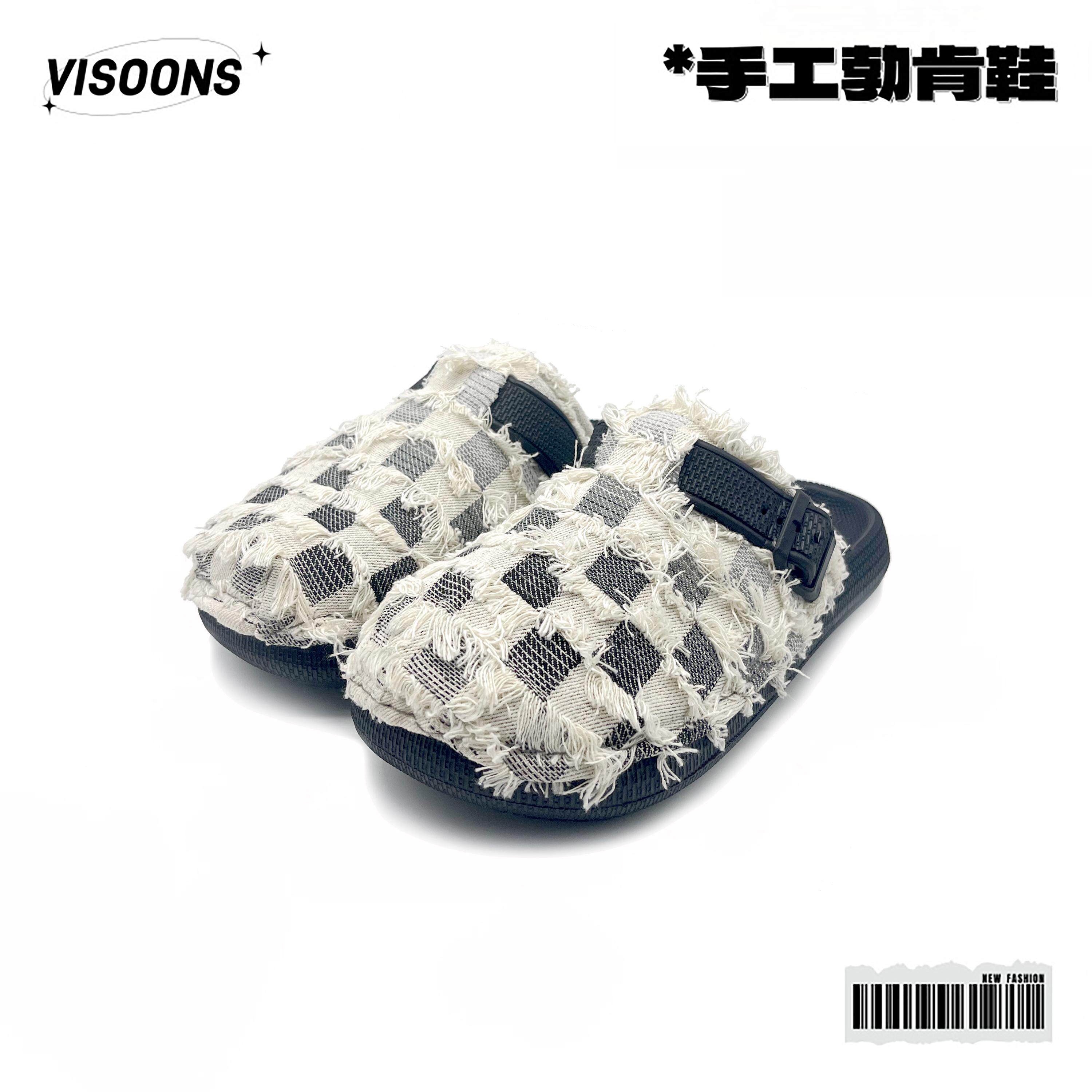 VISOON高级感手工定制水洗牛仔勃肯拖鞋包头拖外穿情侣一脚蹬半拖