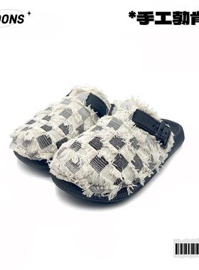 VISOON高级感手工定制水洗牛仔勃肯拖鞋包头拖外穿情侣一脚蹬半拖