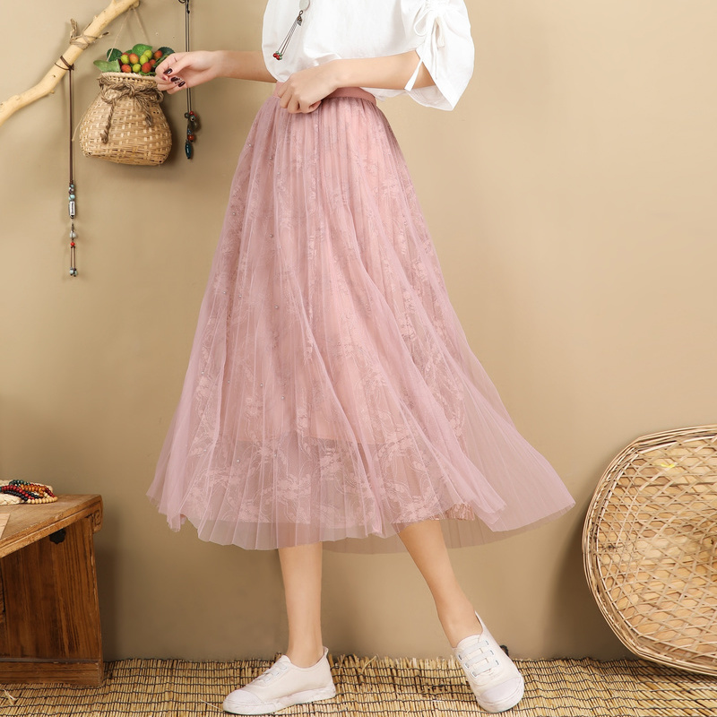 2019春夏新款网纱半身裙百褶重工钉珠蕾丝长裙抖音仙女裙子中长款在类目 女装/女士精品, 半身裙中 - 来自Buy2taobao.com提供专业的淘宝代购服务