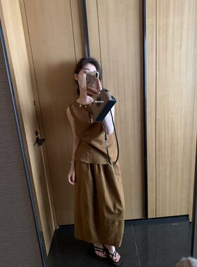 【孤品清仓】METWO8303焦糖色麻料手工钉珠贝壳两件套