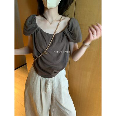 【孤品清仓】METWO 8314花苞袖棉麻一字领小衫女慵懒上衣