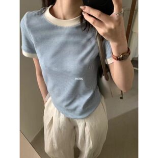 hers韩系条纹明线条纹正肩短袖 METWO 20368 孤品清仓