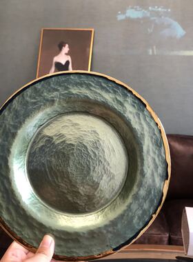 忠俊手工制作金边绿色玻璃盘子复古感十足早餐盘垫盘