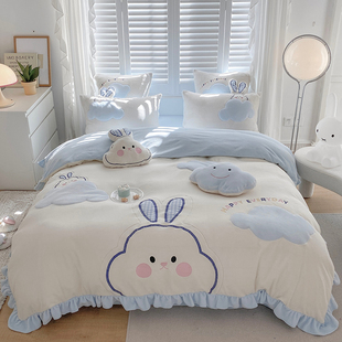 公主风可爱兔子卡通牛奶绒四件套冬季 加厚珊瑚绒被套儿童床上用品