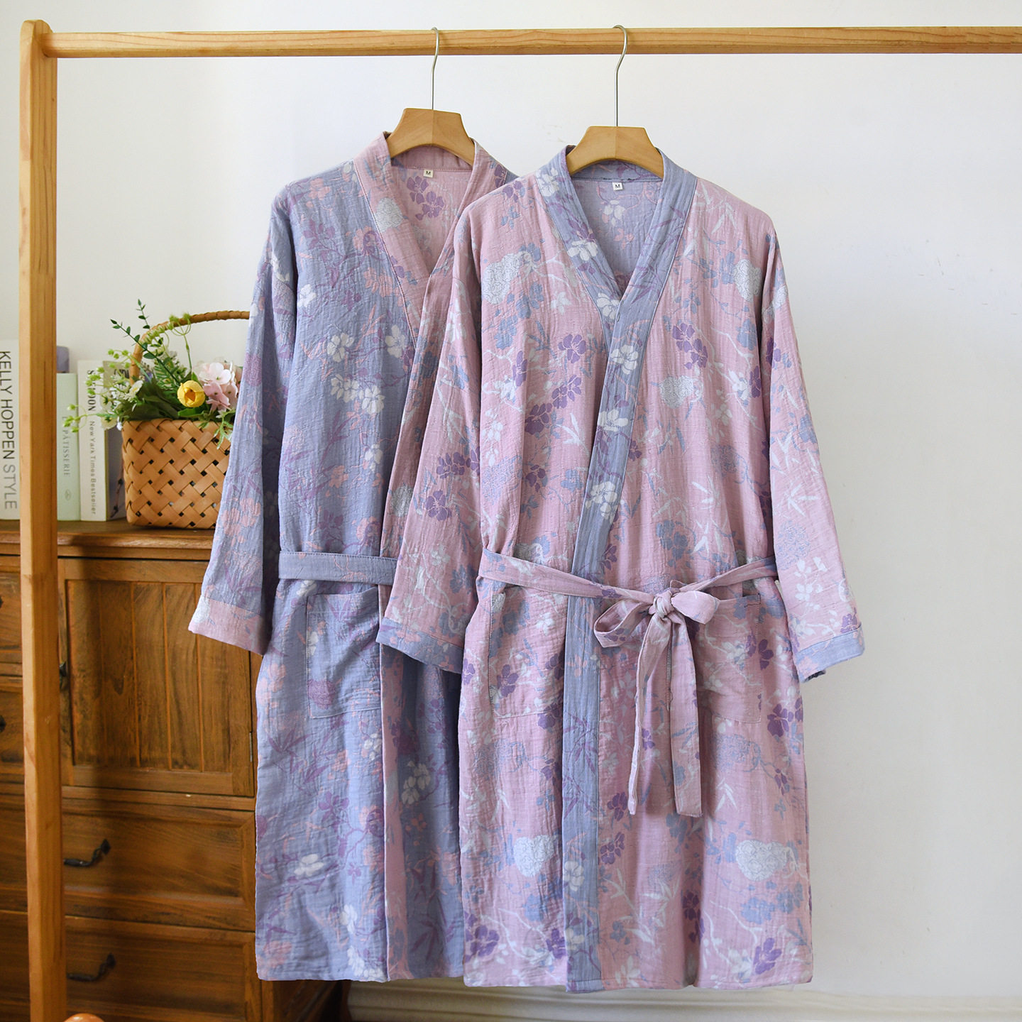 色织纯棉纱布睡袍女春秋季日式和服浴袍汗蒸服睡衣家居服日系和风