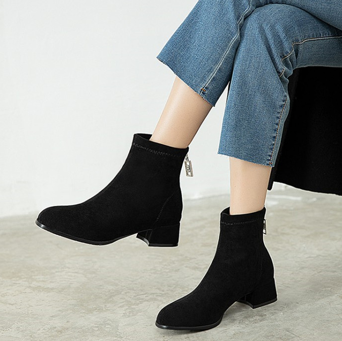 休闲后拉链绒面矮跟靴子大码48