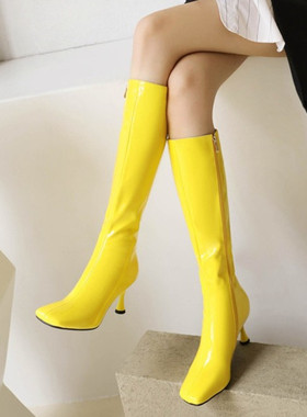 黄色高筒靴方头蓝色高跟女靴子猫跟漆皮高筒长靴大码43 44 45 46
