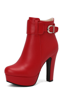 皮带扣红色超高跟马丁靴大码44 45 46 47 48 49 50码粗跟短靴黄色